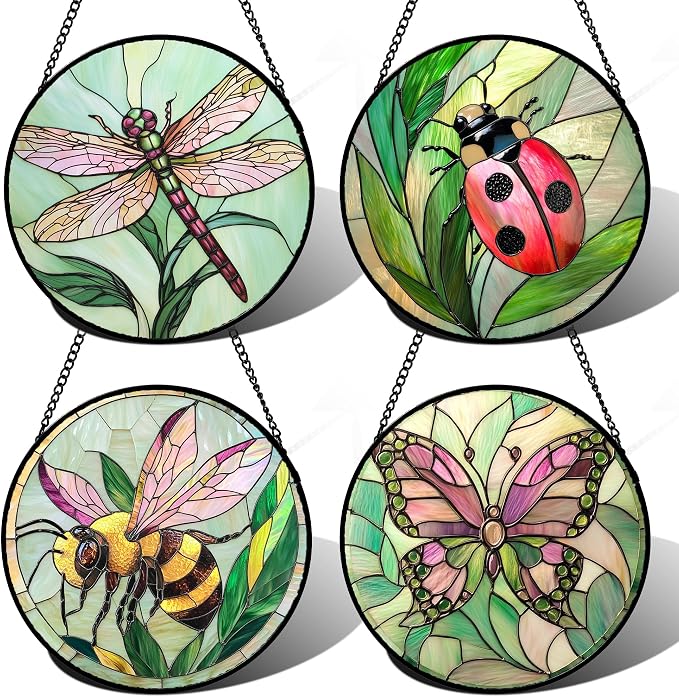 DASTOLL Stained Glass Window Hanging 4 Pcs Set Pink Green Insect Theme 9.8" by DASTOLL