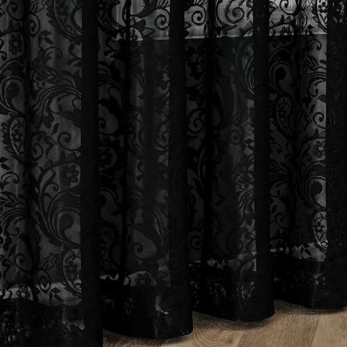 Bujasso Black Lace Pinch Pleat Curtains 108 inch, Gothic Vintage Floral Sheer - Image 7