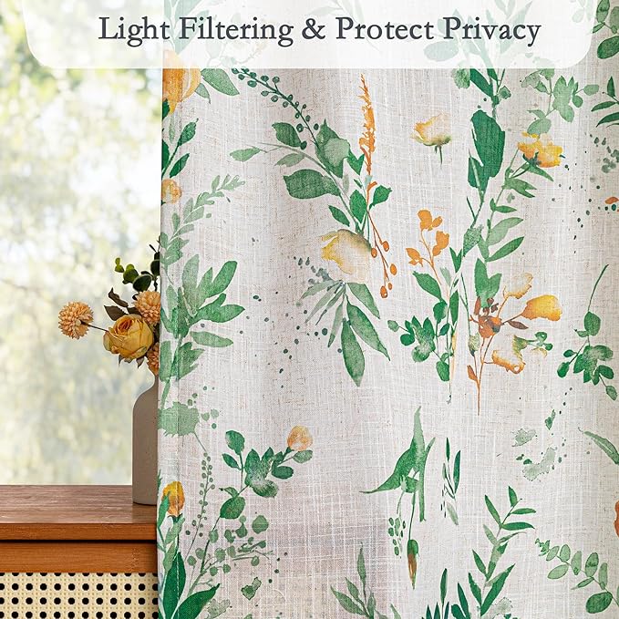 MYSKY HOME Green Floral Curtains 84 Inch Length Linen Blended Farmhouse Curtains - Image 3