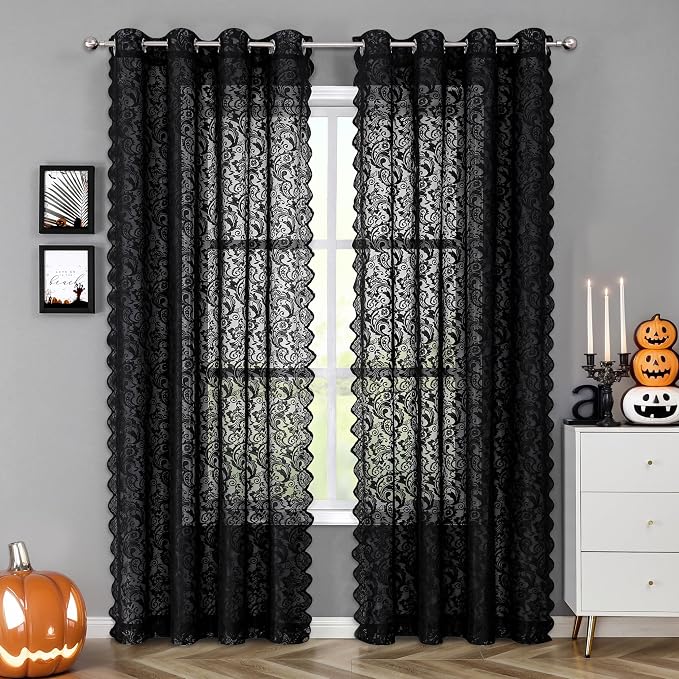 Bujasso Black Sheer Lace Curtains 63 inch Vintage Floral Sheer Window Curtain - Image 9