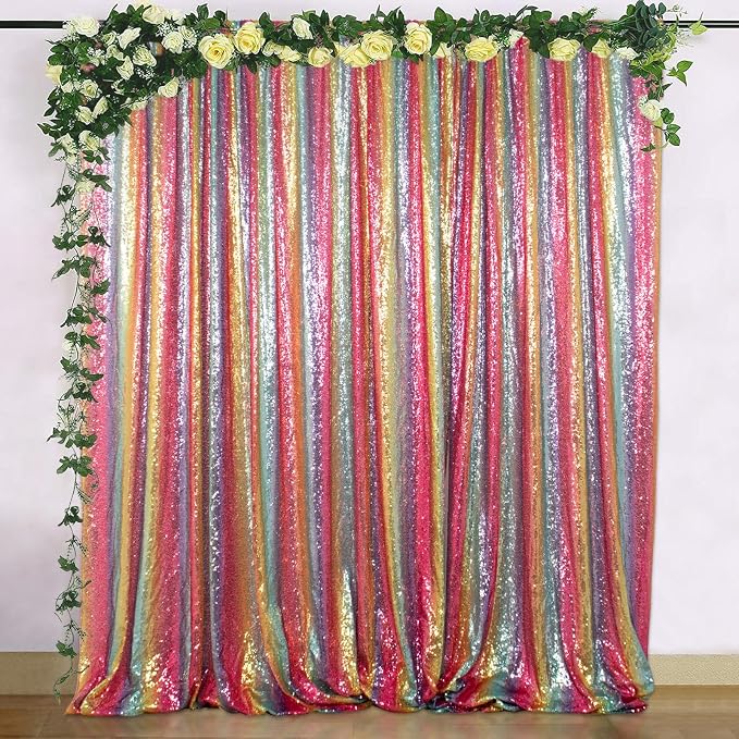 ShinyBeauty 5x7 FT Rainbow Sequin Backdrop | Rod Pocket Hanging Photo Booth - Image 2
