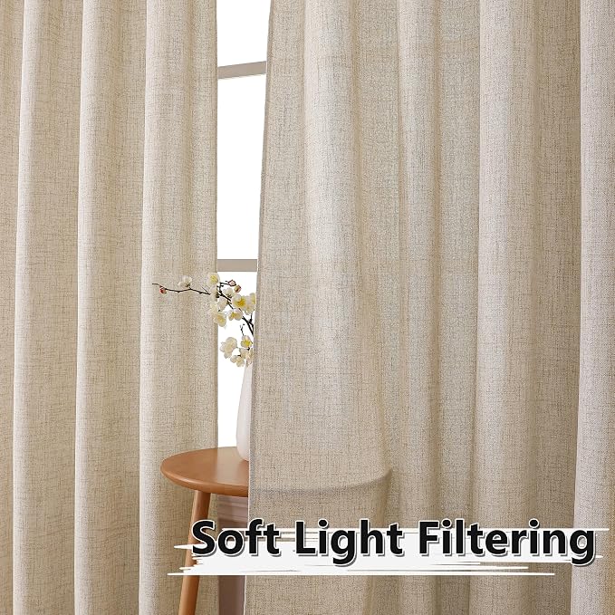 Tollpiz Linen Tier Curtains Rod Pocket Semi Sheer Short Kitchen Curtain Half - Image 2