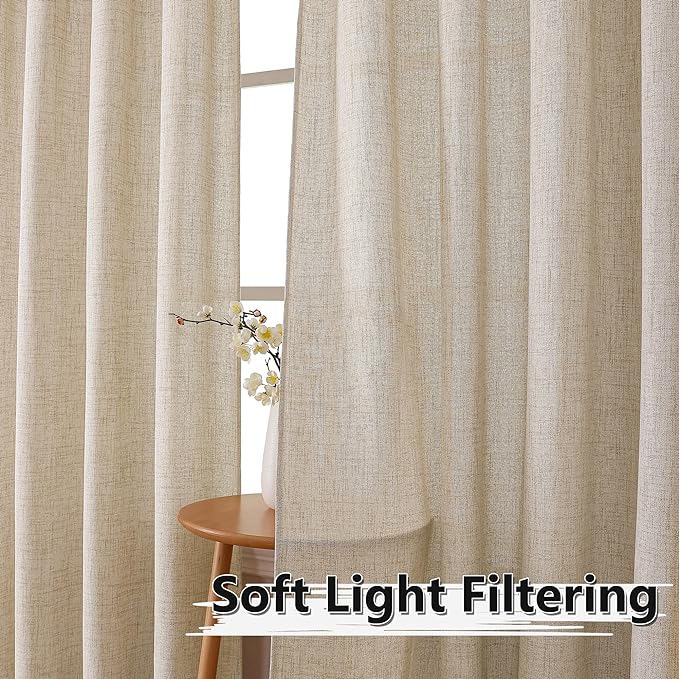 Tollpiz Linen Curtains Living Room Rod Pocket Semi Sheer Curtain Burlap Light - Image 2