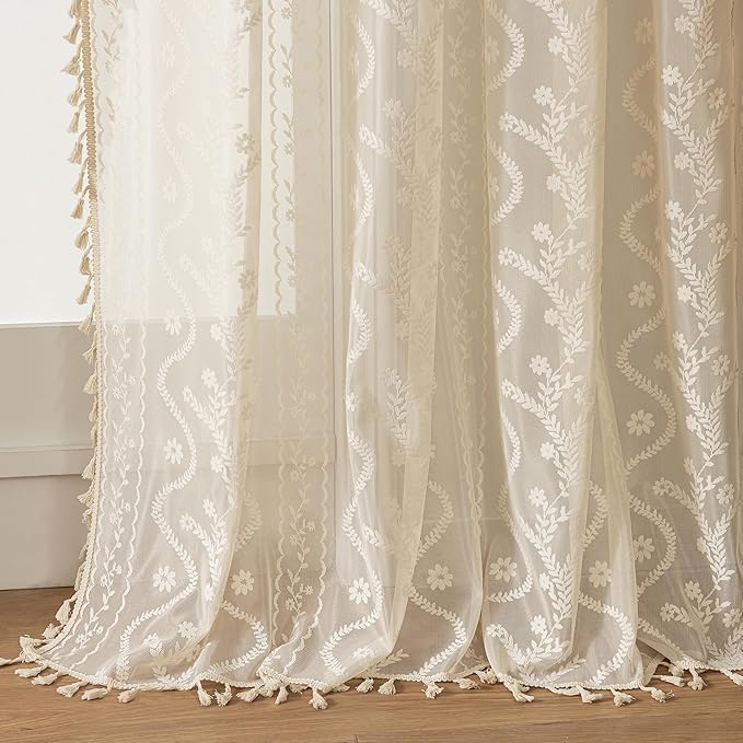 WAZZIO Boho Lace Curtains 2 Panels 63 Inches -Cute Vintage Victorian Sheer by WAZZIO