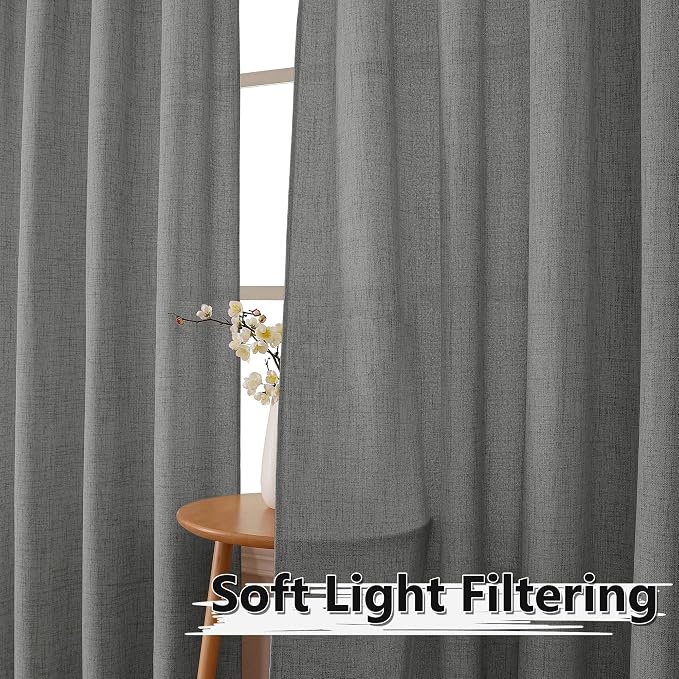 Tollpiz Linen Curtains Living Room Rod Pocket Semi Sheer Curtain Burlap Light - Image 2
