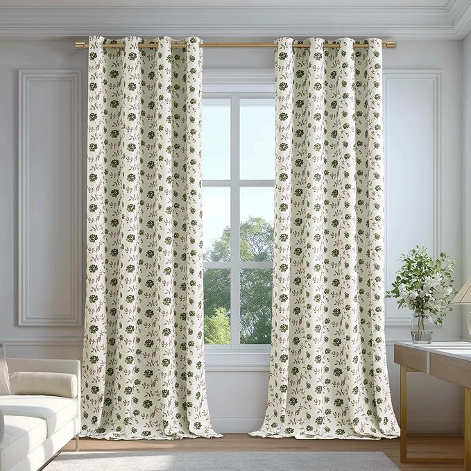 Beauoop Floral 100% Blackout Curtains Bedroom Green Brown 52x54 2 Panels | Rose - Image 4