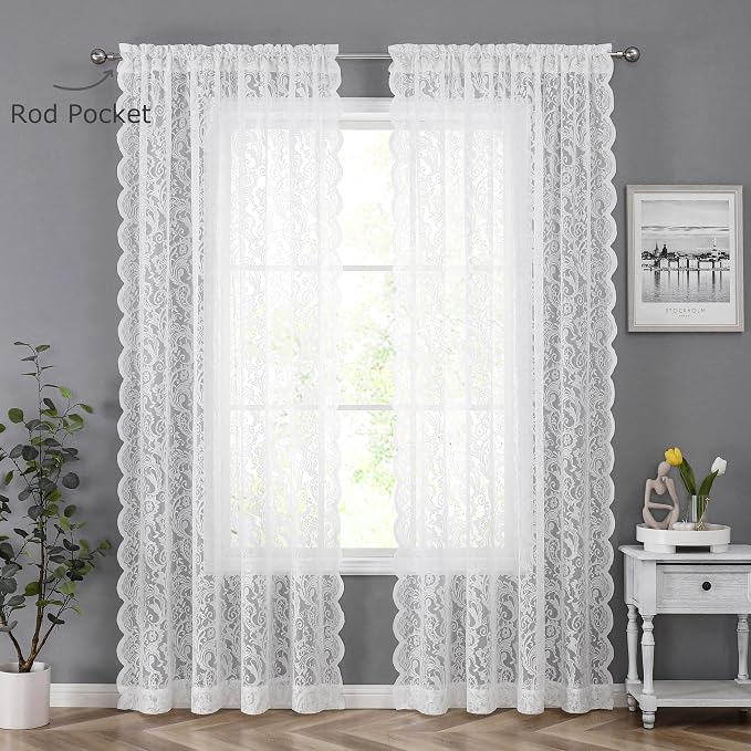 Bujasso White Sheer Lace Curtains 63 inch Vintage Floral Sheer Window Curtain - Image 5
