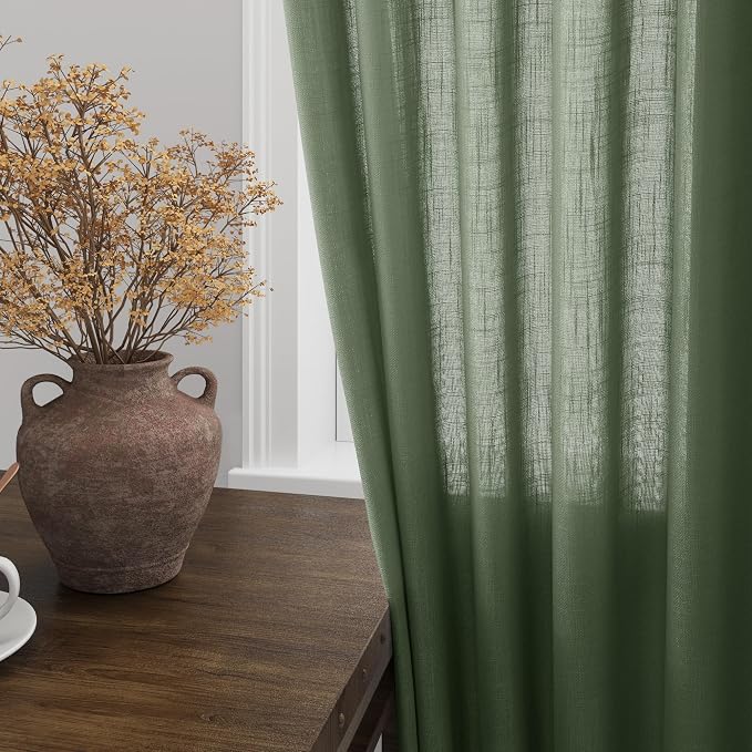 Olive Green Linen Curtains for Living Room 2 Panels Set 100 Inch Length Back - Image 2