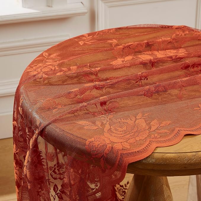 Burnt Orange Lace Curtains Short Victorian Floral Sheer Curtains 45 Inch Length - Image 8
