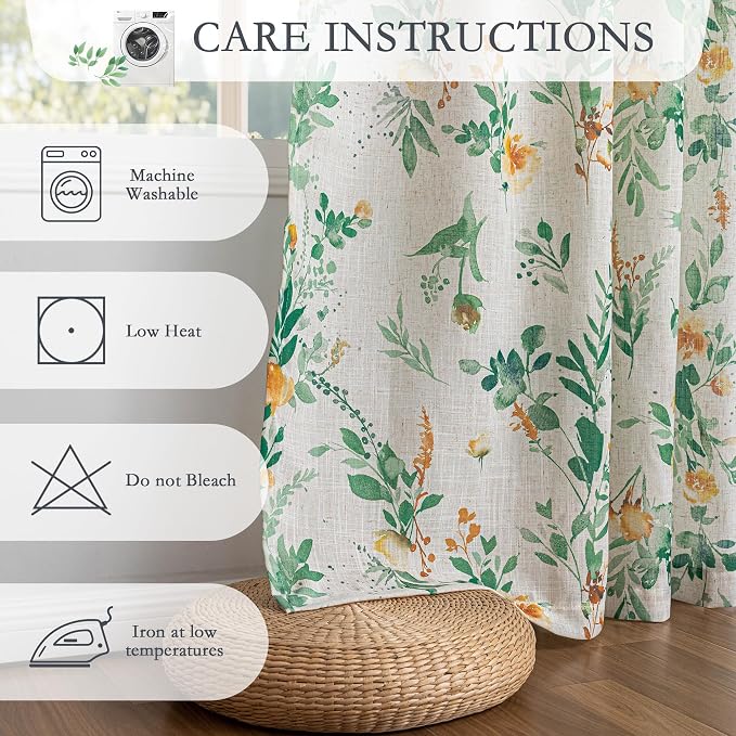 MYSKY HOME Green Floral Curtains 84 Inch Length Linen Blended Farmhouse Curtains - Image 6