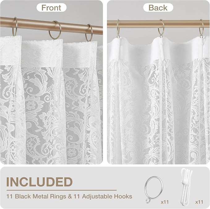 Bujasso White Lace Pinch Pleat Curtains 108 inch, Vintage Floral Sheer Drapes - Image 3