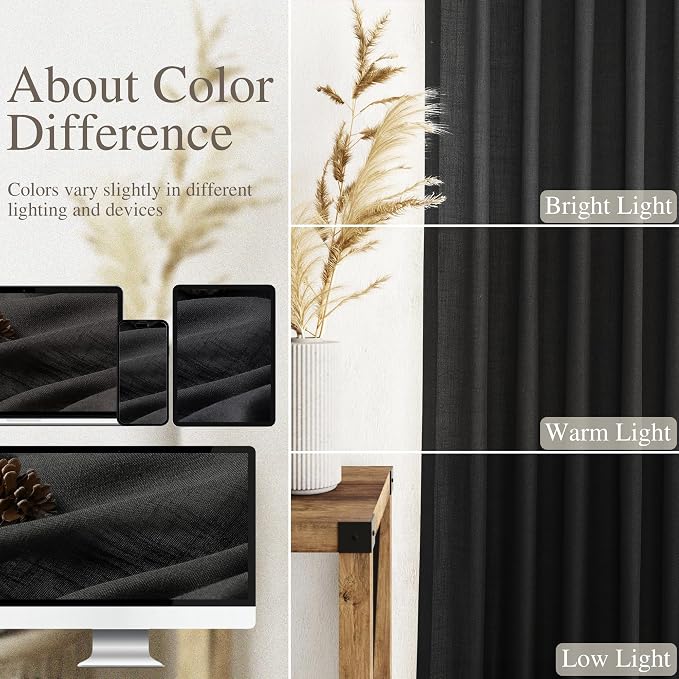 Black 102 Inch Linen Curtains for Living Room Back Tab Rod Pocket Privacy Semi - Image 3