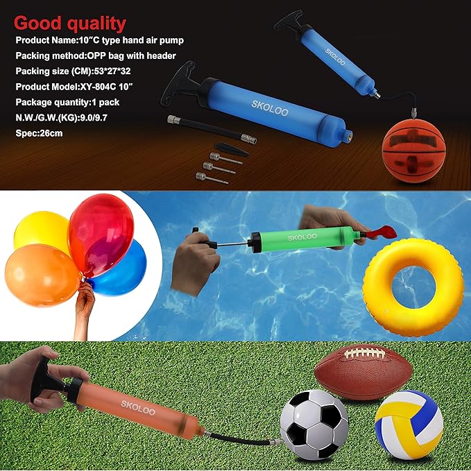 SKOLOO 10" Portable Hand Air Ball Pump Inflator Kit - Image 5