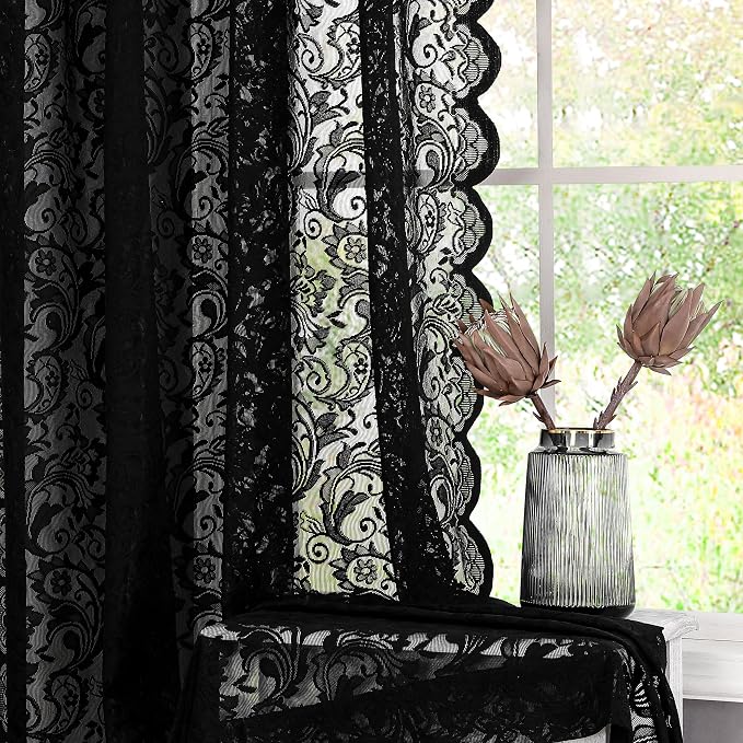 Bujasso Black Lace Pinch Pleat Curtains 108 inch, Gothic Vintage Floral Sheer - Image 2