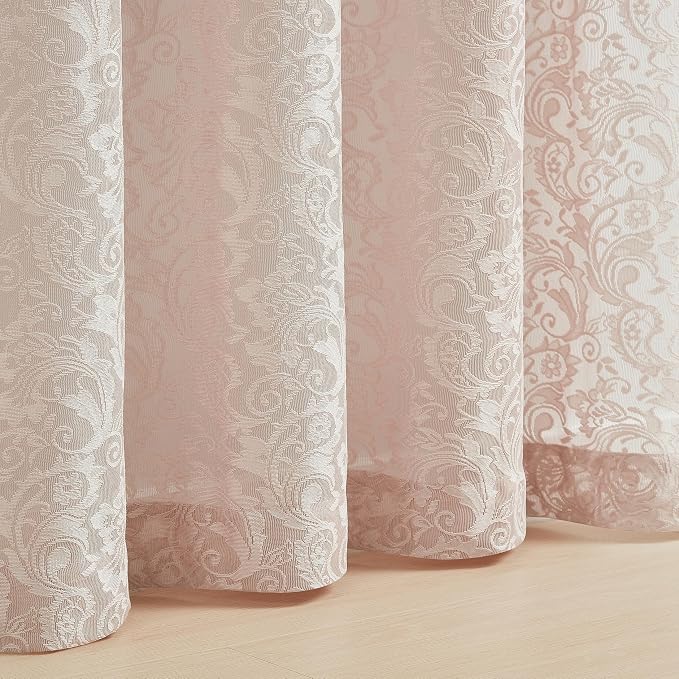 Bujasso Pink Sheer Lace Curtains 54 inch Victorian Short Curtain Panels - Image 3