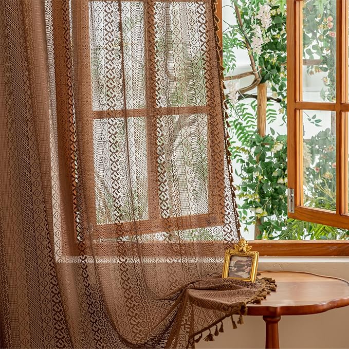 Sutuo Home Dark Coffee Boho Lace Curtains, Sheer Curtains 102 inches Long - Image 8