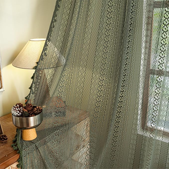 Sutuo Home Olive Green Boho Curtains 108 inches Long, Crochet Lace Sheer - Image 7