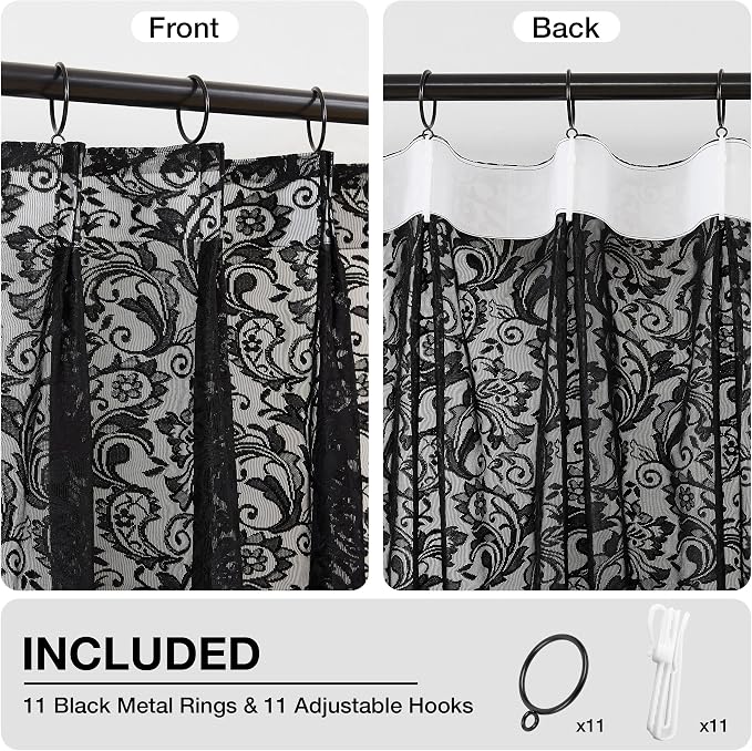 Bujasso Black Lace Pinch Pleat Curtains 102 inch, Gothic Vintage Floral Sheer - Image 3