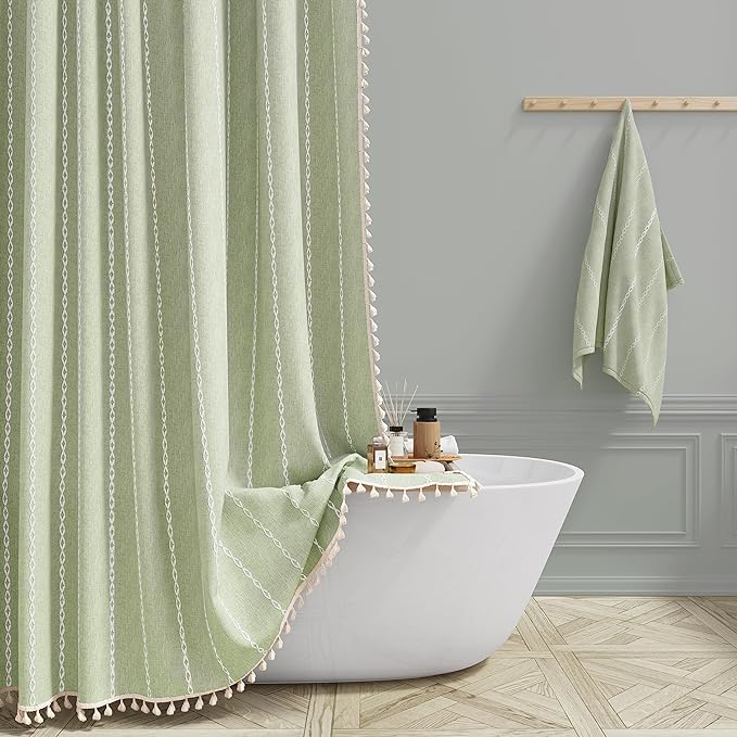 Small Boho Linen Heavy Duty Cloth Shower Curtain, Sage Green | Stall Size by ShowerCurtain