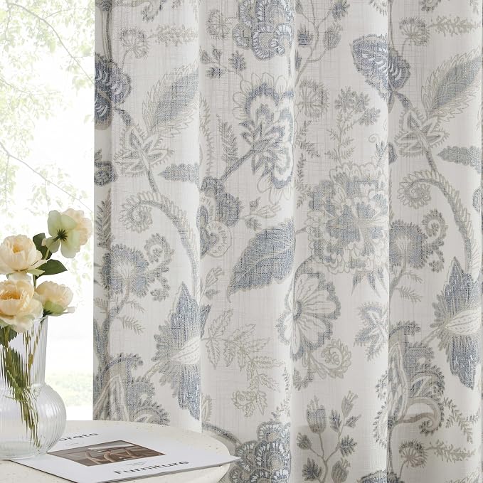 Kayne Studio Blue Grey Jacobean Floral Rod Pocket Semi Sheer Curtains 84" L | by KayneStudio