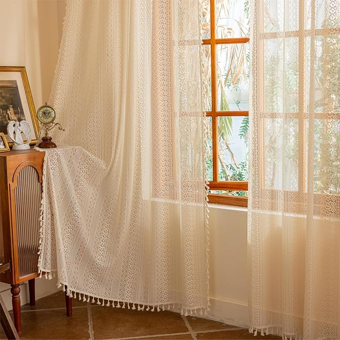 Sutuo Home Beige Boho Lace Curtains 84 inches Long, Crochet Macrame Bohemian - Image 6