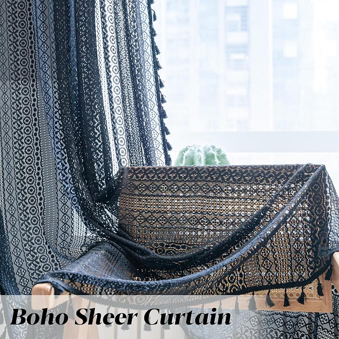 Sutuo Home Black Boho Curtain for Halloween Decor, Sheer Crochet Lace Handmade - Image 4