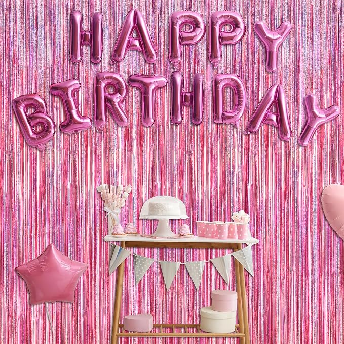 8 Pack Pink Backdrop, 3.28 FT x 7.05 FT Fringe Curtains, Metallic Glitter Pink - Image 7