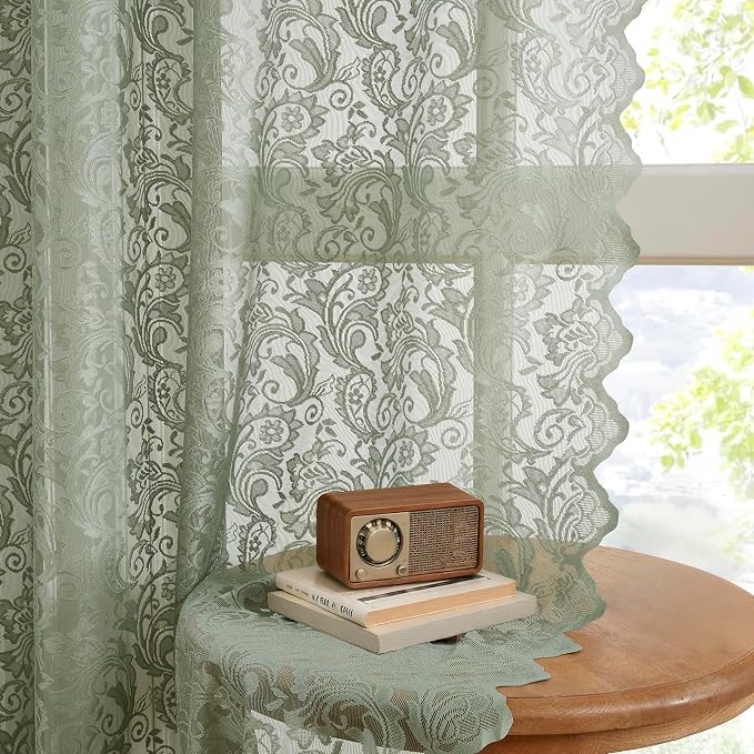 Bujasso Sage Green Lace Pinch Pleat Curtains 108 inch, Vintage Floral Sheer - Image 2