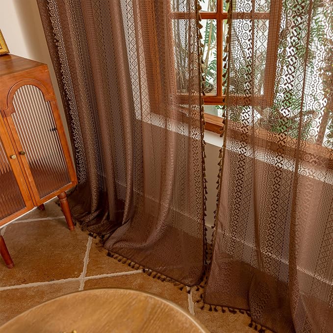 Sutuo Home Caramel Boho Curtains 2 Panels, Sheer Lace Curtains 90 Inches Long - Image 2