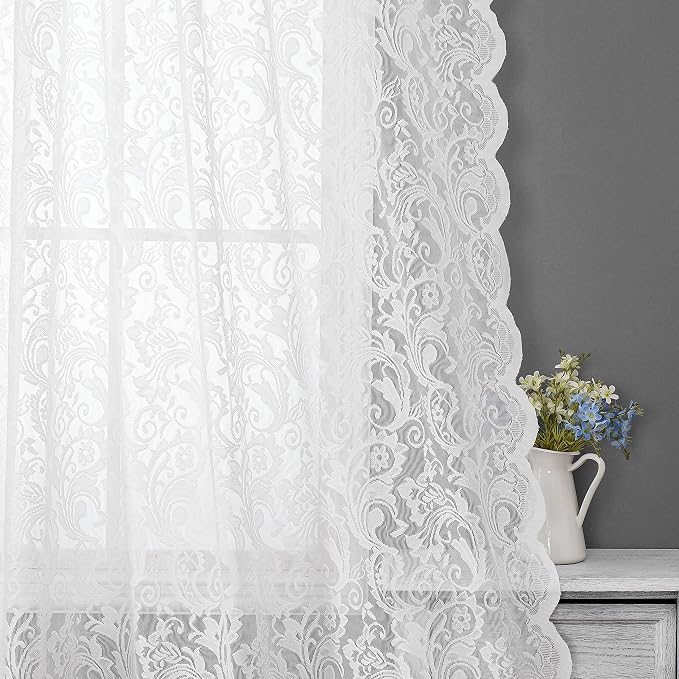 Bujasso White Sheer Lace Curtains 63 inch Vintage Floral Sheer Window Curtain by Bujasso