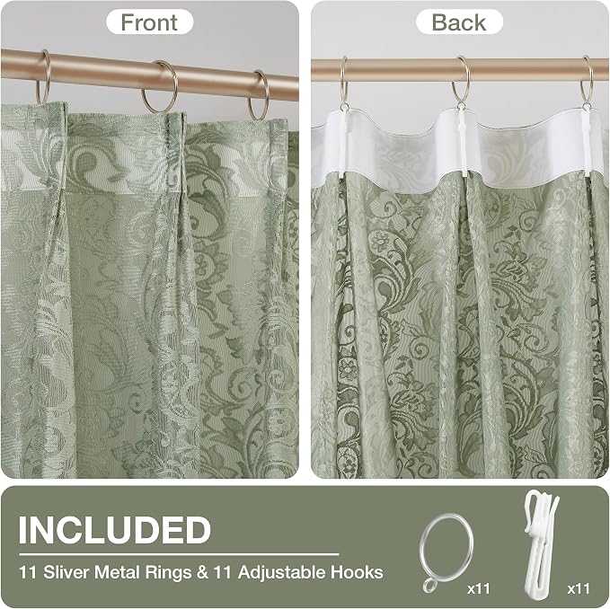 Bujasso Sage Green Lace Pinch Pleat Curtains 108 inch, Vintage Floral Sheer - Image 3