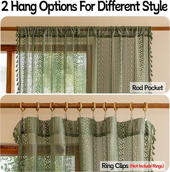 Sutuo Home Olive Green Boho Curtains 108 inches Long, Crochet Lace Sheer - Image 6
